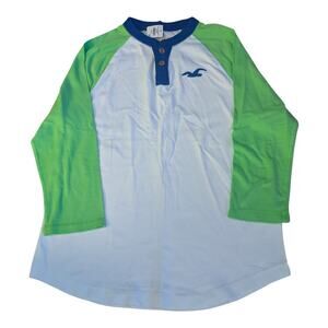 HCO Hollister Pullover Top Mens Medium Green White Knit Henley Baseball Tee New